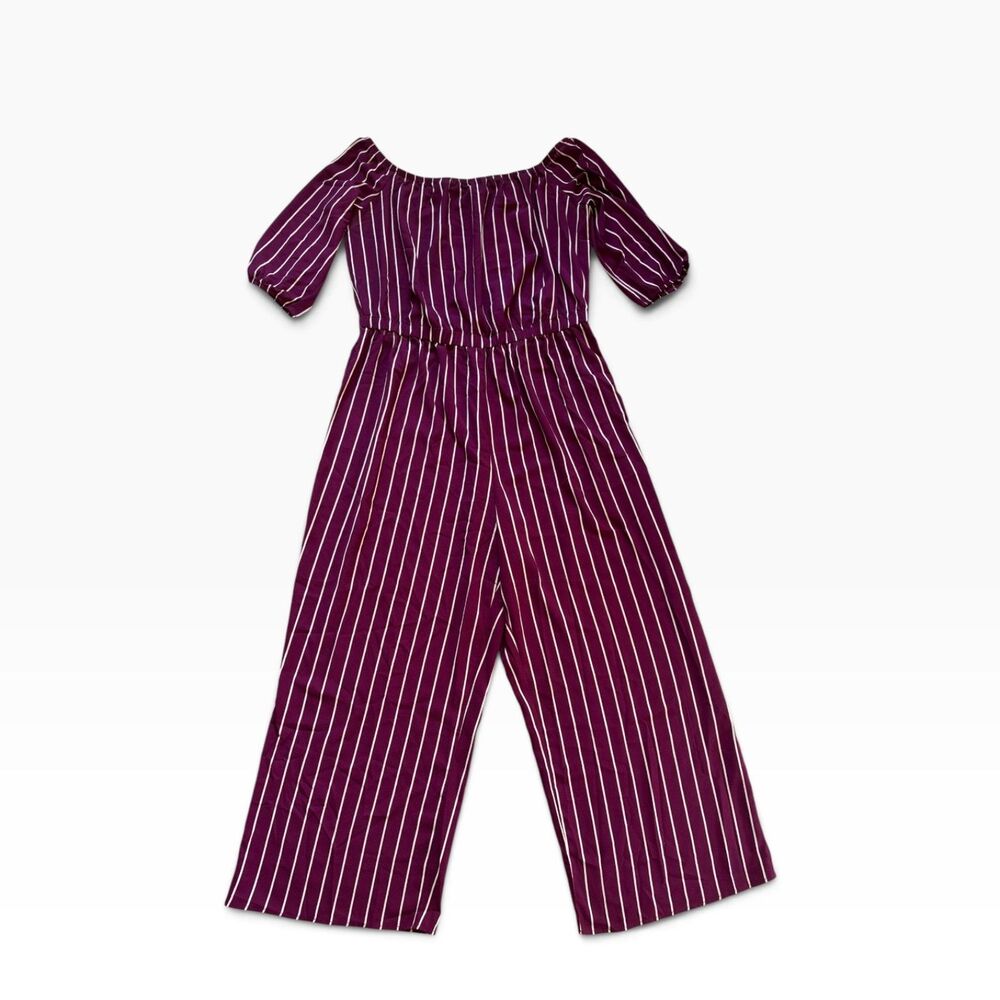 Haute Monde Jumpsuit Women’s 2X Off the Shoulder Burgundy Striped Curvy Jumper